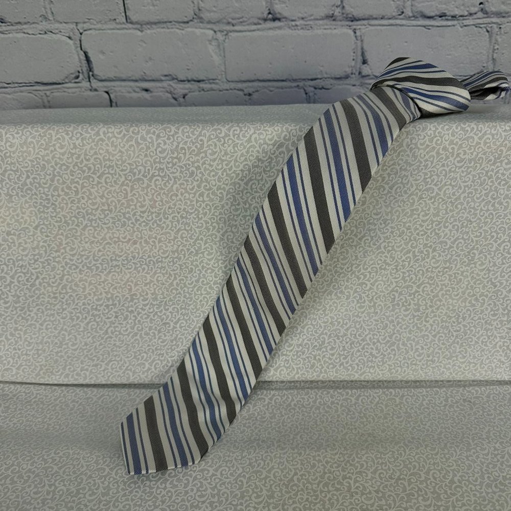 Express 100% Silk Blue/White/Gray Striped Repp Tie, 2 3/4 Inch Wide